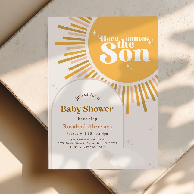 Convite Chuva de Sol Moderno Retro Chá de Bebê Boho (Criador carregado)