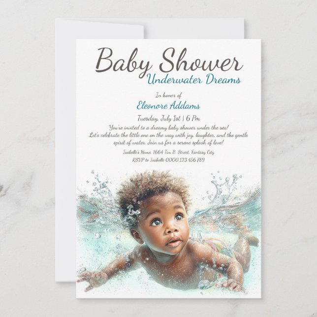 Convite Chuva de Sonhos Aquáticos em Aquarela Baby Shower (Frente)