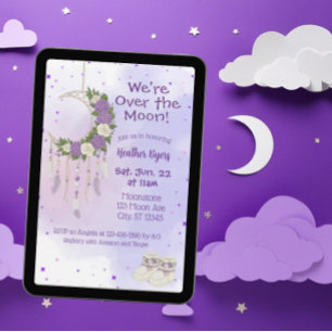 Convite Chuva de Sonhos Roxo Sobre a Lua Baby Shower