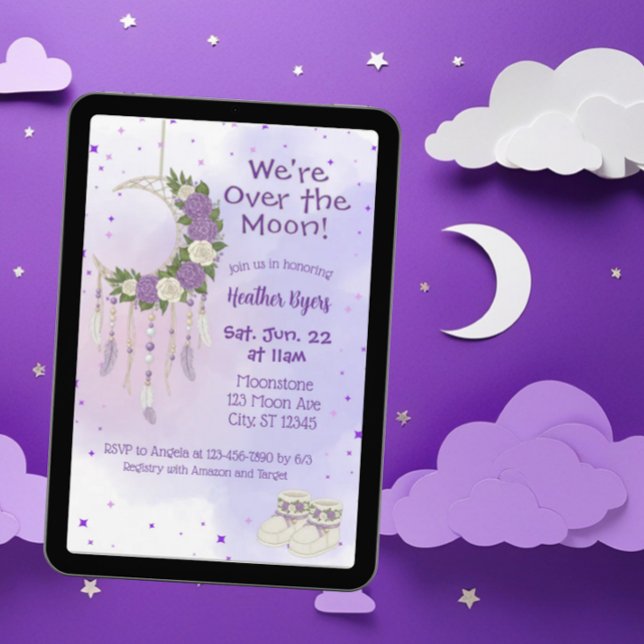 Convite Chuva de Sonhos Roxo Sobre a Lua Baby Shower (Criador carregado)