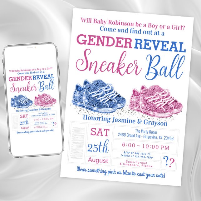 Convite Chuva de Tênis Revelação de Gênero (Sneaker ball gender reveal shower invitation. Instant download and printed invitations available.)