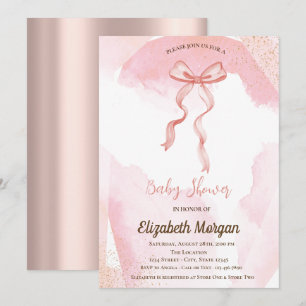 Convite Chuva de tinta em aquarela com laço rosa dourado p