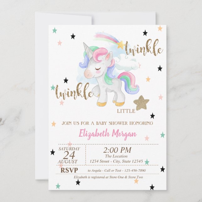 Convite Chuva de Unicórnio, Bebê Estrelinha Brilhante Show (Frente)
