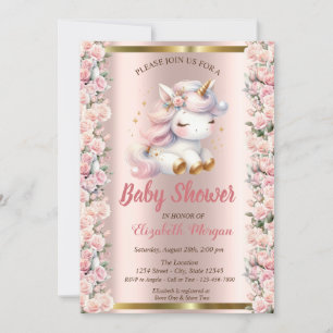 Convite Chuva de Unicórnio Fofa Elegante Rosas Dourado Ros