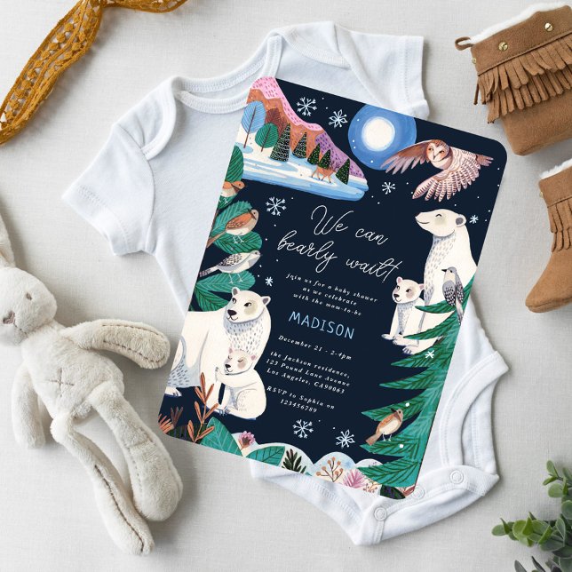Convite Chuva De Urso Polar Festa De Bebê Quase Não Posso  (Polar Bear Winter Bearly Wait Baby Shower Invitation)