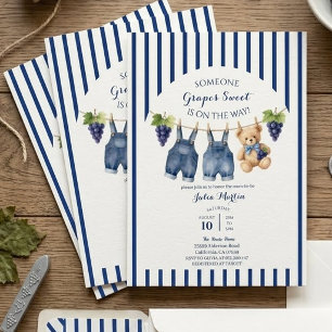 Convite Chuva de Uvas Doce Baby Shower,Urso de Água-marinh