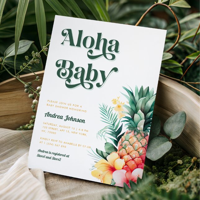 Convite Chuva de Verão de Abacaxi Aloha Tropical Retro Bab (Criador carregado)
