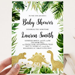 Convite Chuva de Verde Dourado para Bebê Dinossauro