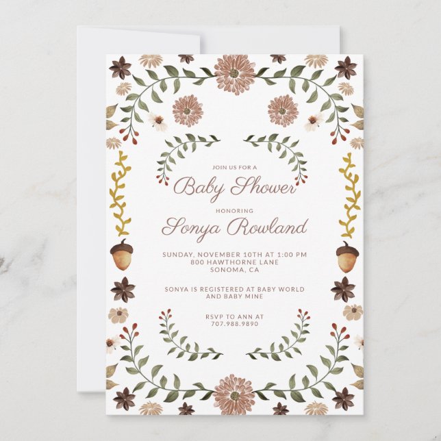 Convite Chuva de Verde Outonal Floral Baby Shower (Frente)
