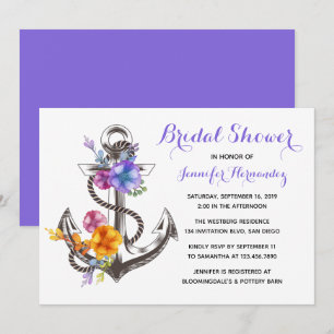 Convite Chuva Floral Âncora Roxa de Casamento Náutico