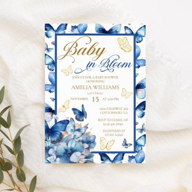 Convite Chuva Floral Azul Dourada Borboleta Bebê em Flor (Criador carregado)