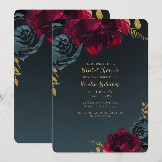 Convite Chuva Floral Azul Escuro Bridal Shower (Frente/Verso)