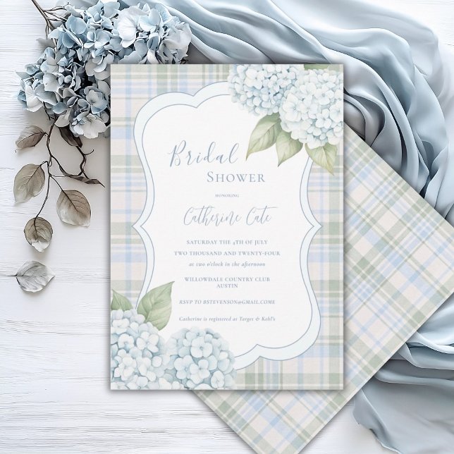 Convite Chuva Floral Azul Hydrangea Xadrez Chás de Noiva  (Criador carregado)