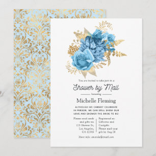 Convite Chuva Floral Azul Pastel e Dourado por Correio