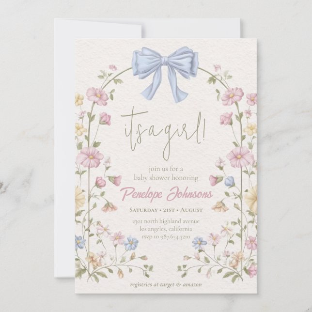 Convite Chuva Floral Bege Macio É uma Menina Chamada de Be (Frente)