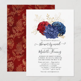 Convite Chuva Floral de Aquarela Azul Marinho e Vermelho p
