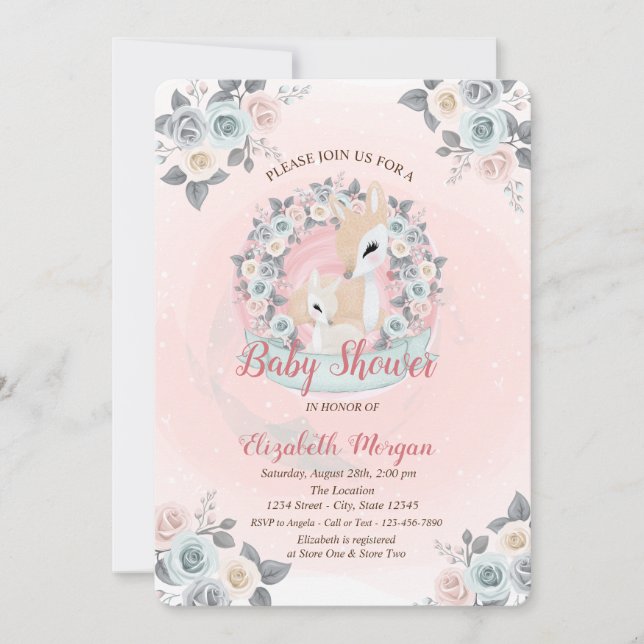 Convite Chuva Floral de Cervos Bebês para Chá de Bebê  (Frente)