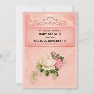 Convite Chuva floral rosa com Tiara de Diamante Chá de Beb