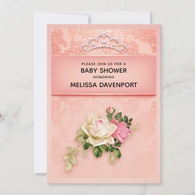 Convite Chuva floral rosa com Tiara de Diamante Chá de Beb (Frente)