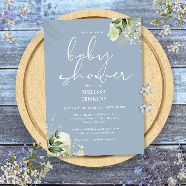 Convite Chuva Floral Verde Menino Bebê em Azul Poeirento C (Greenery Floral Dusty Blue Boy Baby Shower Invitation)
