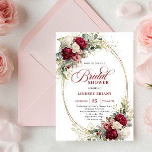 Convite Chuva Floral Vermelha Boêmia Atemporal Dourada