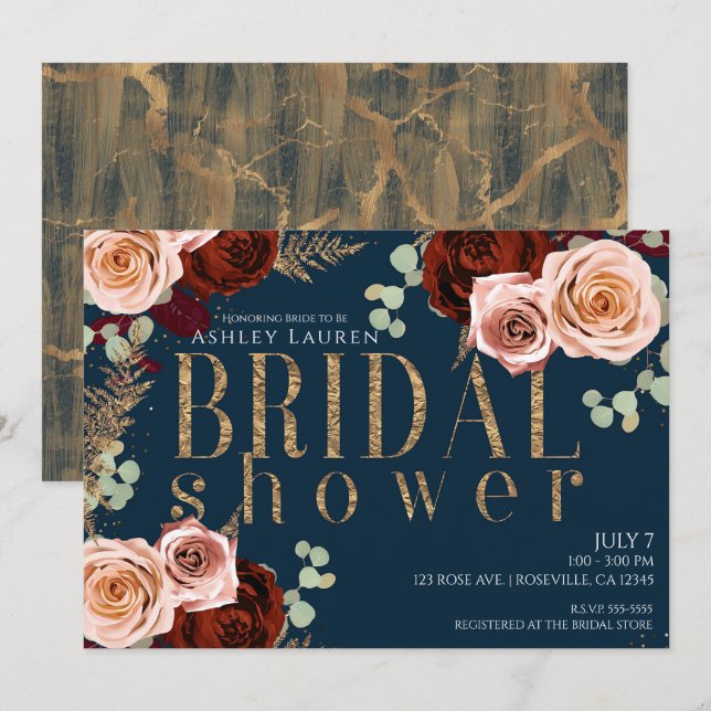 Convite Chuva Glam Azul Escuro Dourado Rosa Flores Bridal  (Frente/Verso)