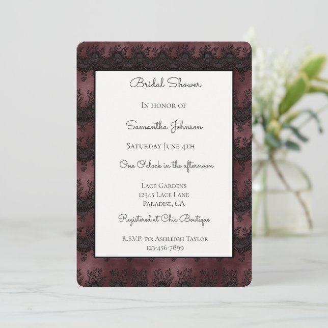 Convite Chuva Nupcial de Renda Falsa Burgundy Preta   (Em pé/Frente)