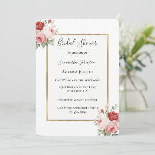 Convite Chuva Nupcial Floral de Rosas Vermelhas e Rosadas