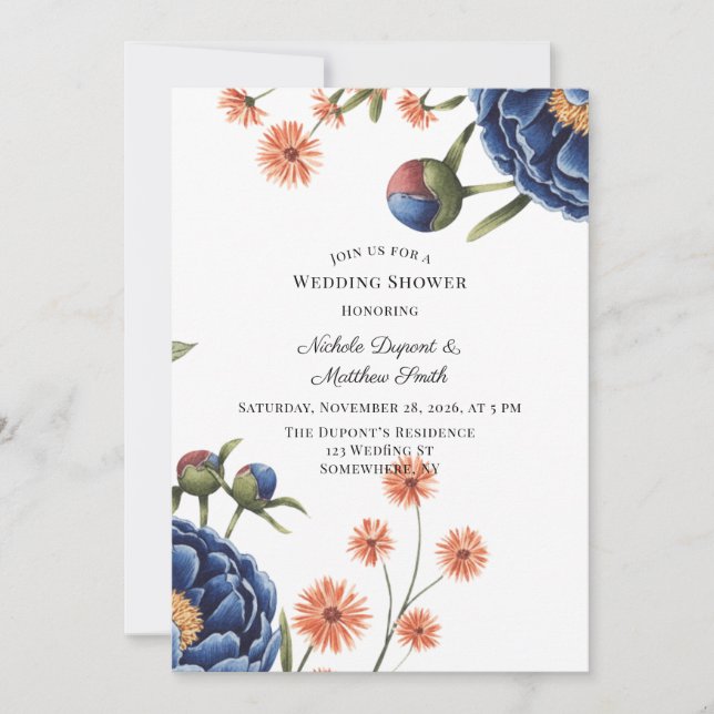 Convite Chuva Nupcial Naval e Laranja Queimada Floral (Frente)