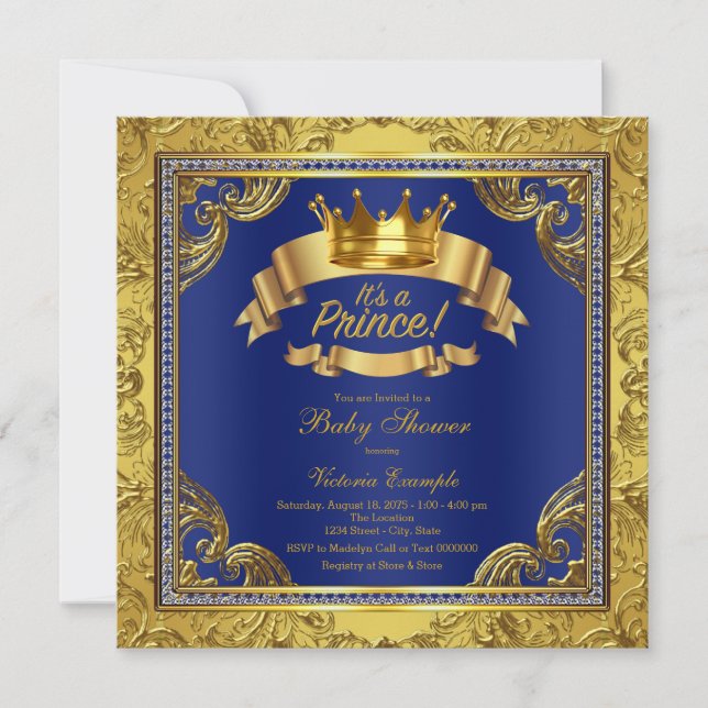 Convite Chuva Real Azul Fancy Prince Baby Shower (Frente)