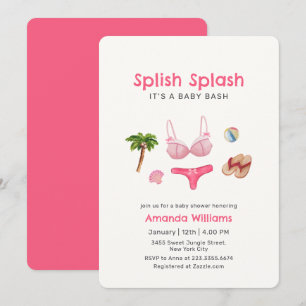 Convite Chuva Rosa Splash Festa na Praia Bebê Menina Chá d