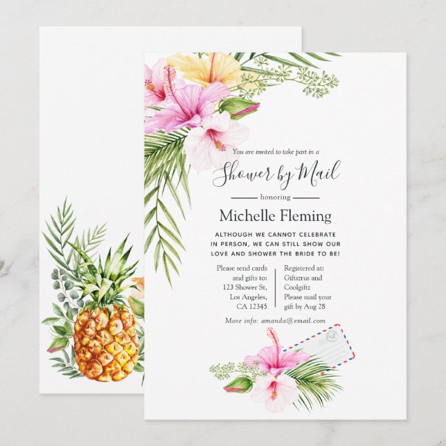 Convite Chuva Tropical Floral de Casamento ou Chá de Bebê  (Frente/Verso)