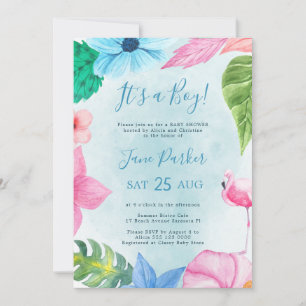 Convite Chuva tropical floral em aquarela azul para chá de