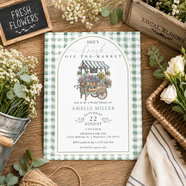 Convite Chuva Verde Fresca do Mercado Chá de Noiva (Green Gingham Fresh Off The Market Bridal Shower Invitation)