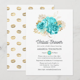 Convite Chuva Virtual Floral Aqua Azul e Dourado