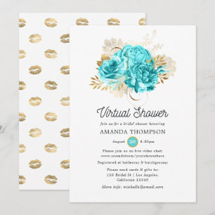 Convite Chuva Virtual Floral Aqua Azul e Dourado