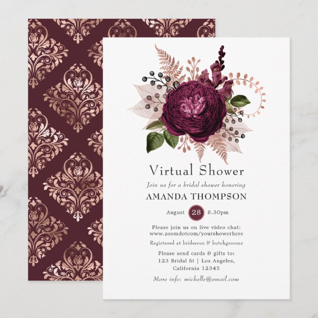 Convite Chuva Virtual Floral Marsala e Dourado Rosa (Frente/Verso)