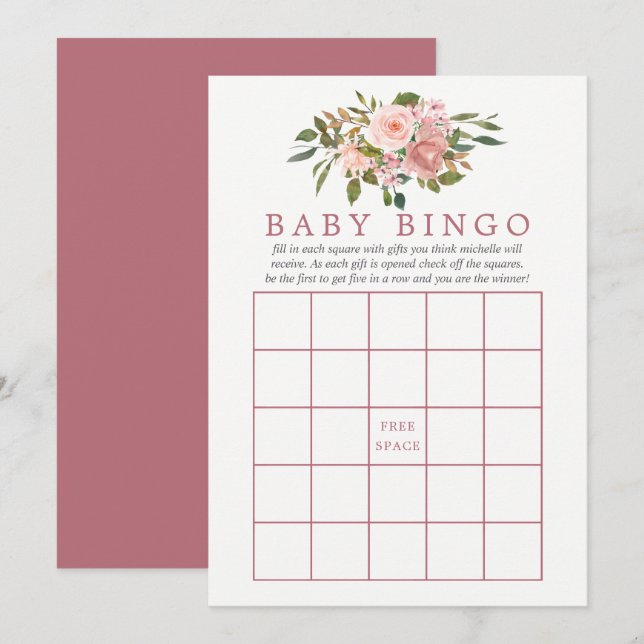 Convite Chuveirinho de Bebê Bingo de Bebê Rosa Floral e Do (Frente/Verso)