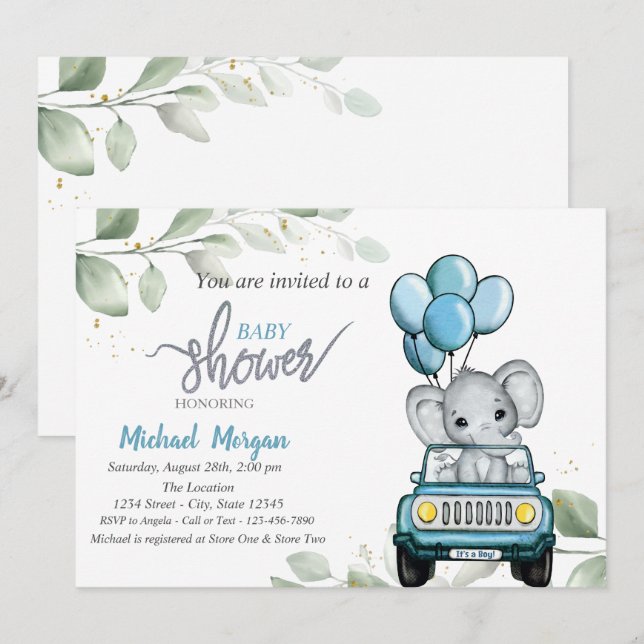 Convite Chuveirinho de Bebê Elefante Fofo, Carro, Balões,  (Frente/Verso)