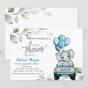 Convite Chuveirinho de Bebê Elefante Fofo, Carro, Balões,