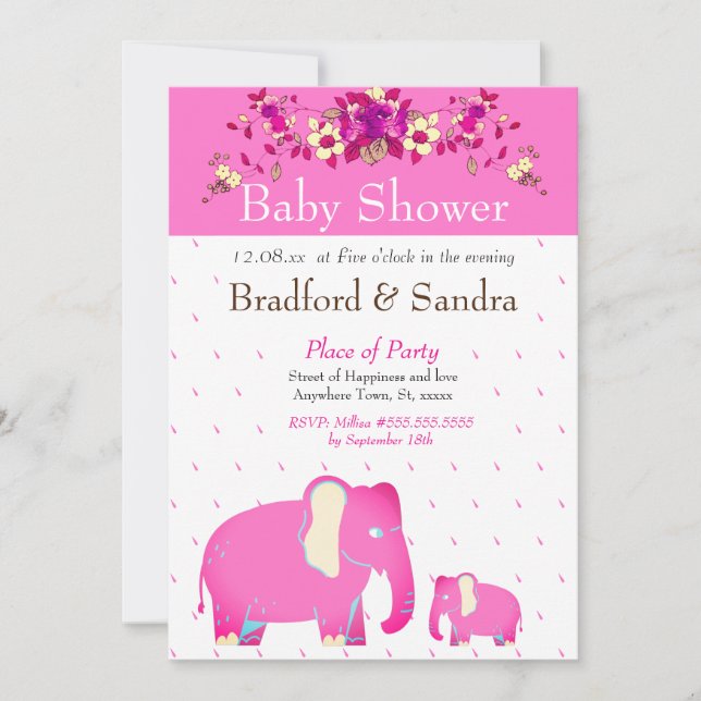 Convite Chuveirinho de Bebê Simples Chic Elefante Floral R (Frente)