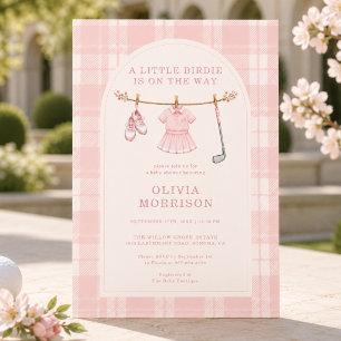 Convite Chuveirinho de Bebê Xadrez Rosa Little Birdie Golf