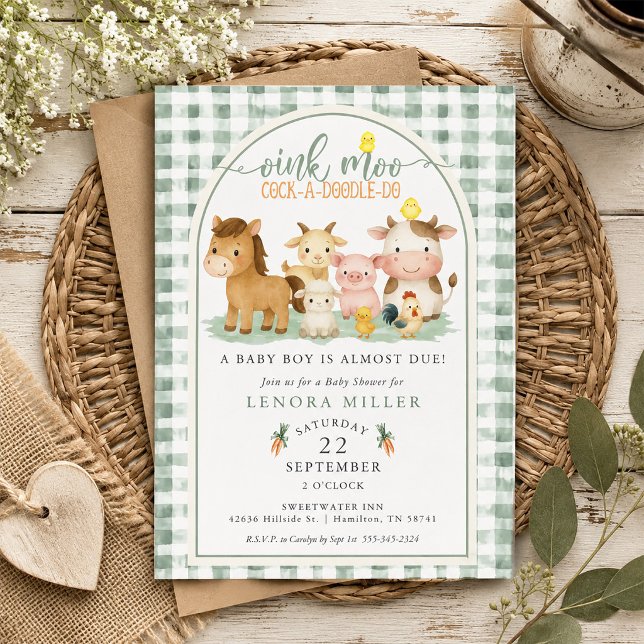 Convite Chuveirinho Moo Xadrez Verde Churrasco de Bebê de  (Oink Moo Green Gingham Farm Animal Baby Shower Invitation)