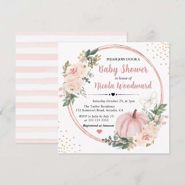 Convite Chuveiro de Bebê Abóbora Floral Rosa e Creme (Frente/Verso)