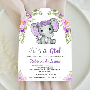 Convite Chuveiro de Bebê Arco de Elefante Floral Roxo Fofo