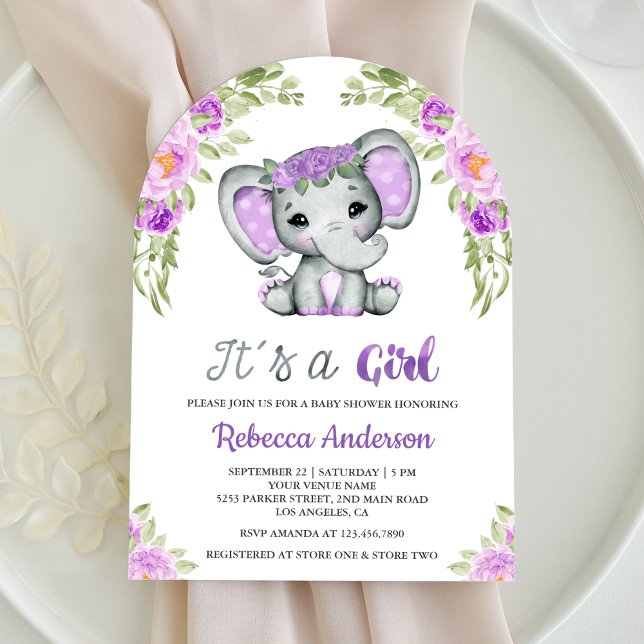 Convite Chuveiro de Bebê Arco de Elefante Floral Roxo Fofo (Criador carregado)