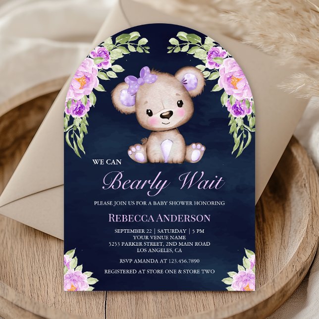Convite Chuveiro de Bebê Azul com Urso Teddy Floral Roxo (Criador carregado)
