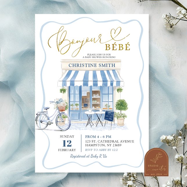 Convite Chuveiro de Bebê Azul Francês Café Parisiense Coqu (Criador carregado)