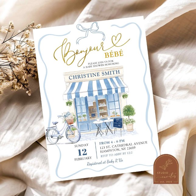 Convite Chuveiro de Bebê Azul Francês Café Parisiense Coqu (Criador carregado)