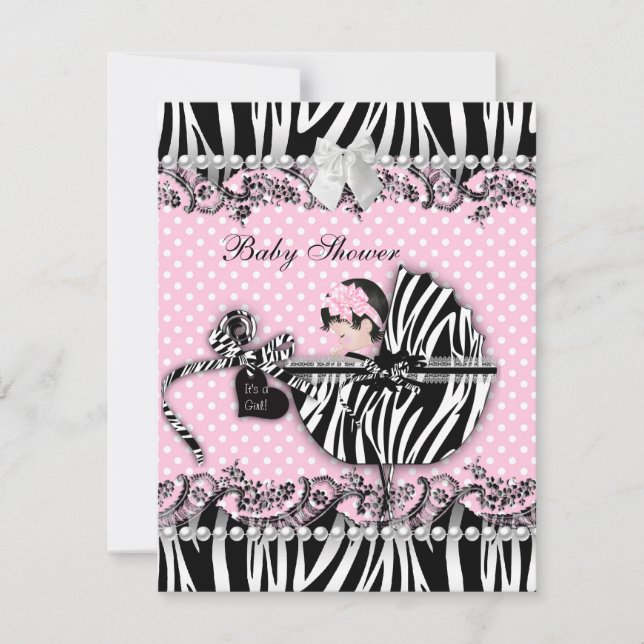 Convite Chuveiro de Bebê Bela Zebra Menina Bebê Manchas Ro (Frente)